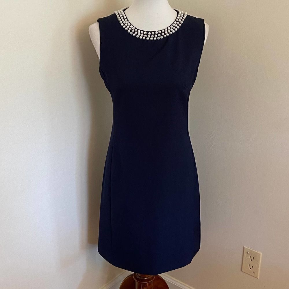 Molly Bracken Navy Sleeveless Pearl Necklace Dress